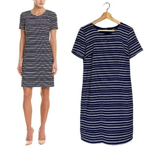 Karl Lagerfeld Paris Women's 6 Short Sleeve Signature Striped Shift Dress Navy